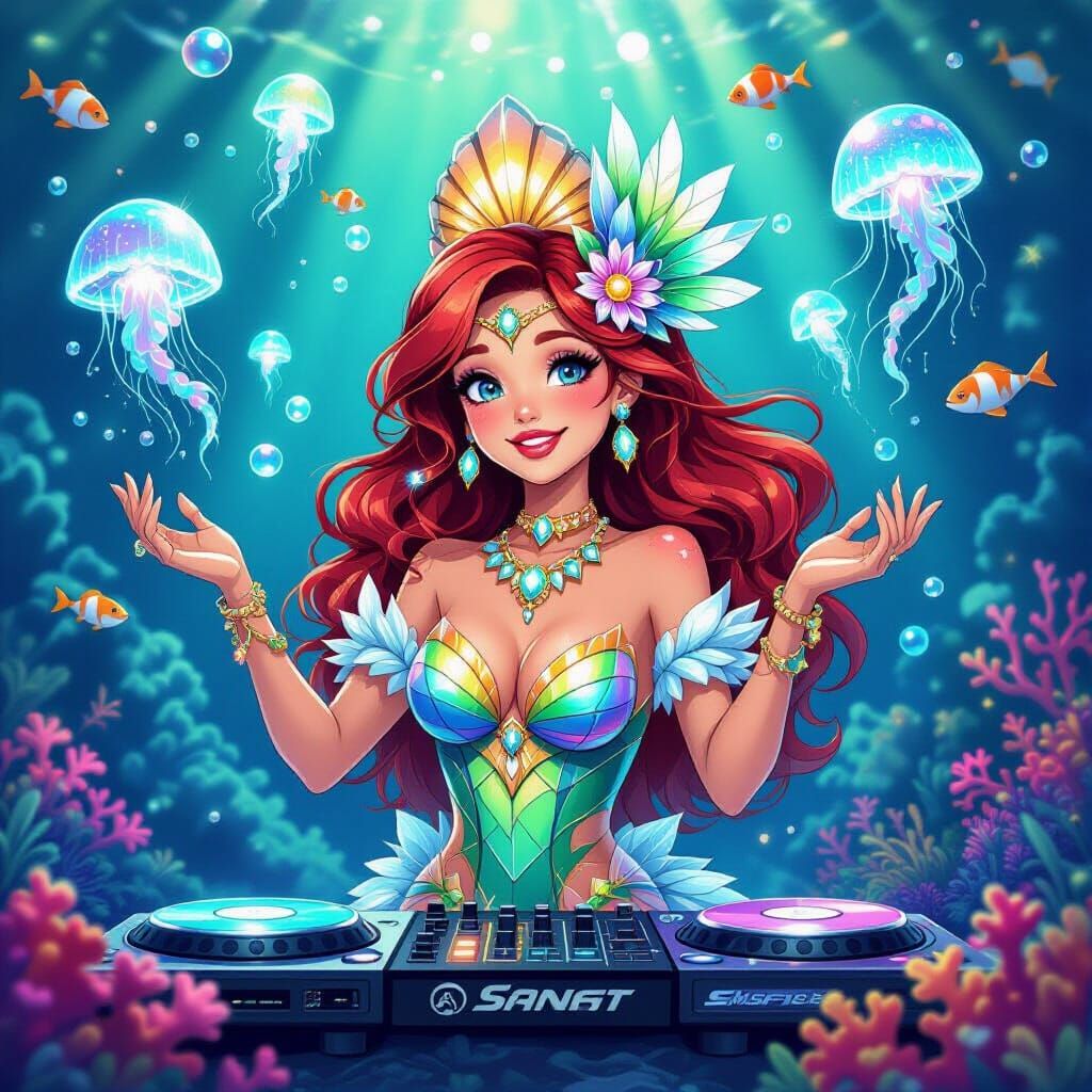 Ariel, Magical Underwater DJ in Anime Style