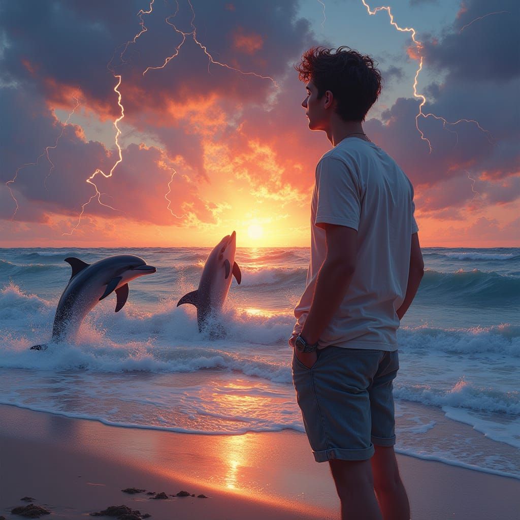 Electrifying Sunset Dolphins on the Beach