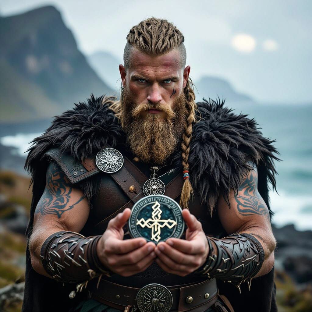 Realistic Viking Warrior Holds Rune Amidst Wild Nature and S...