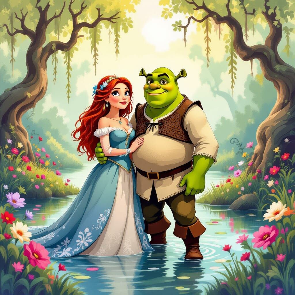 Shrek and Fiona in a Dreamy Swamp Landscape
