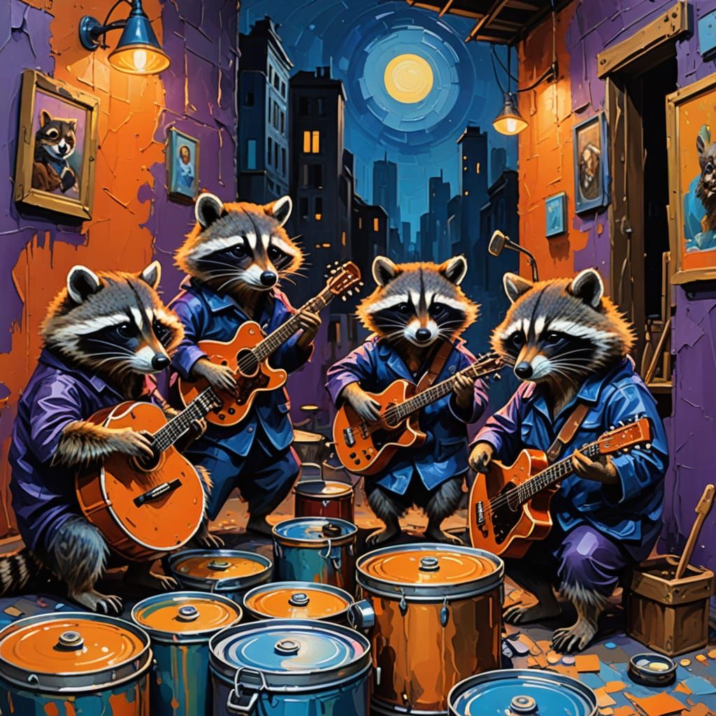 Raccoons and Tarsiers Jazz Jam in Gouache