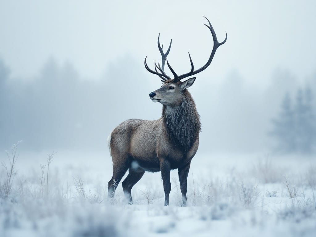 Majestic Deer Stag in Winter Wonderland