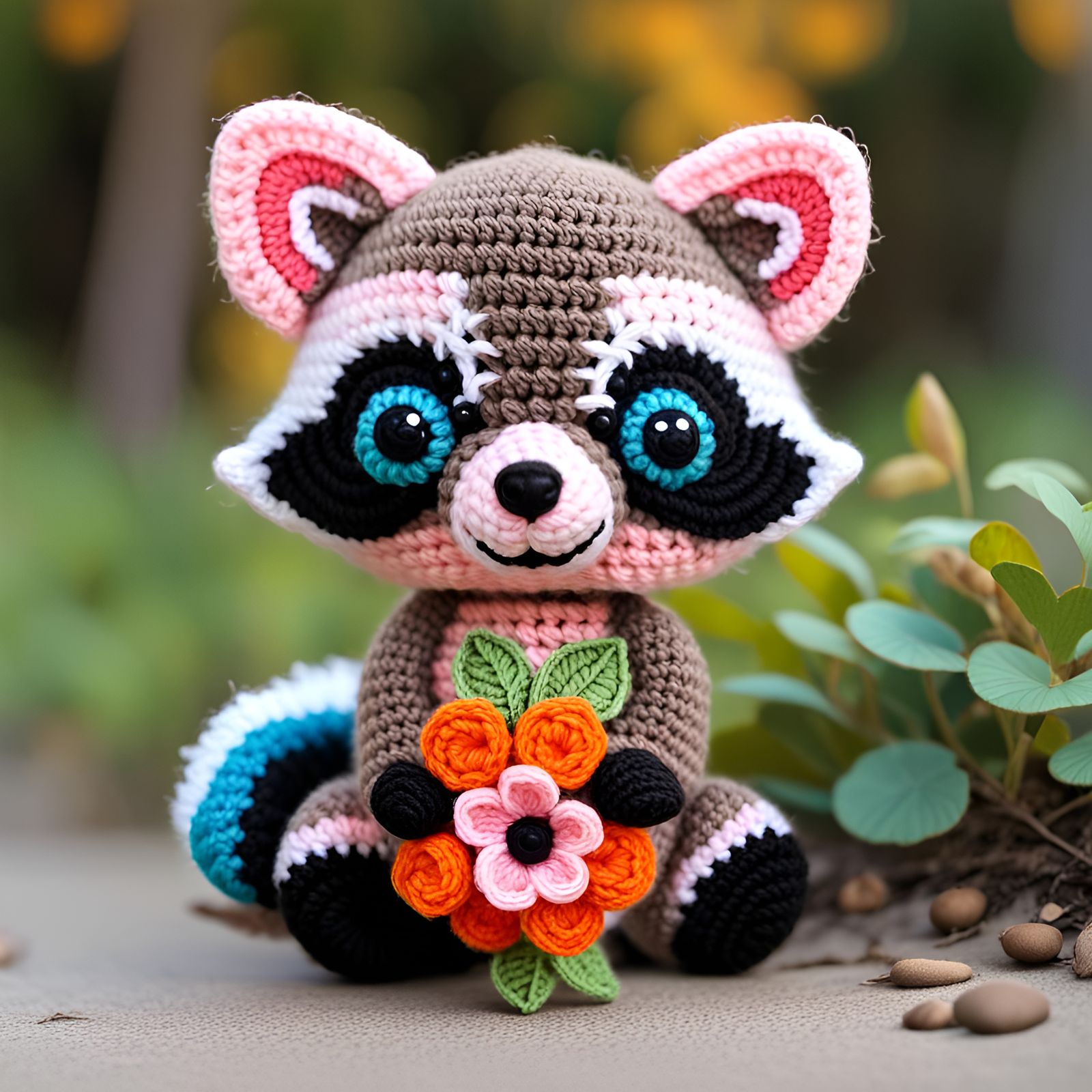 Tiny Happy Crocheted Trash Panda Loves Her Flower