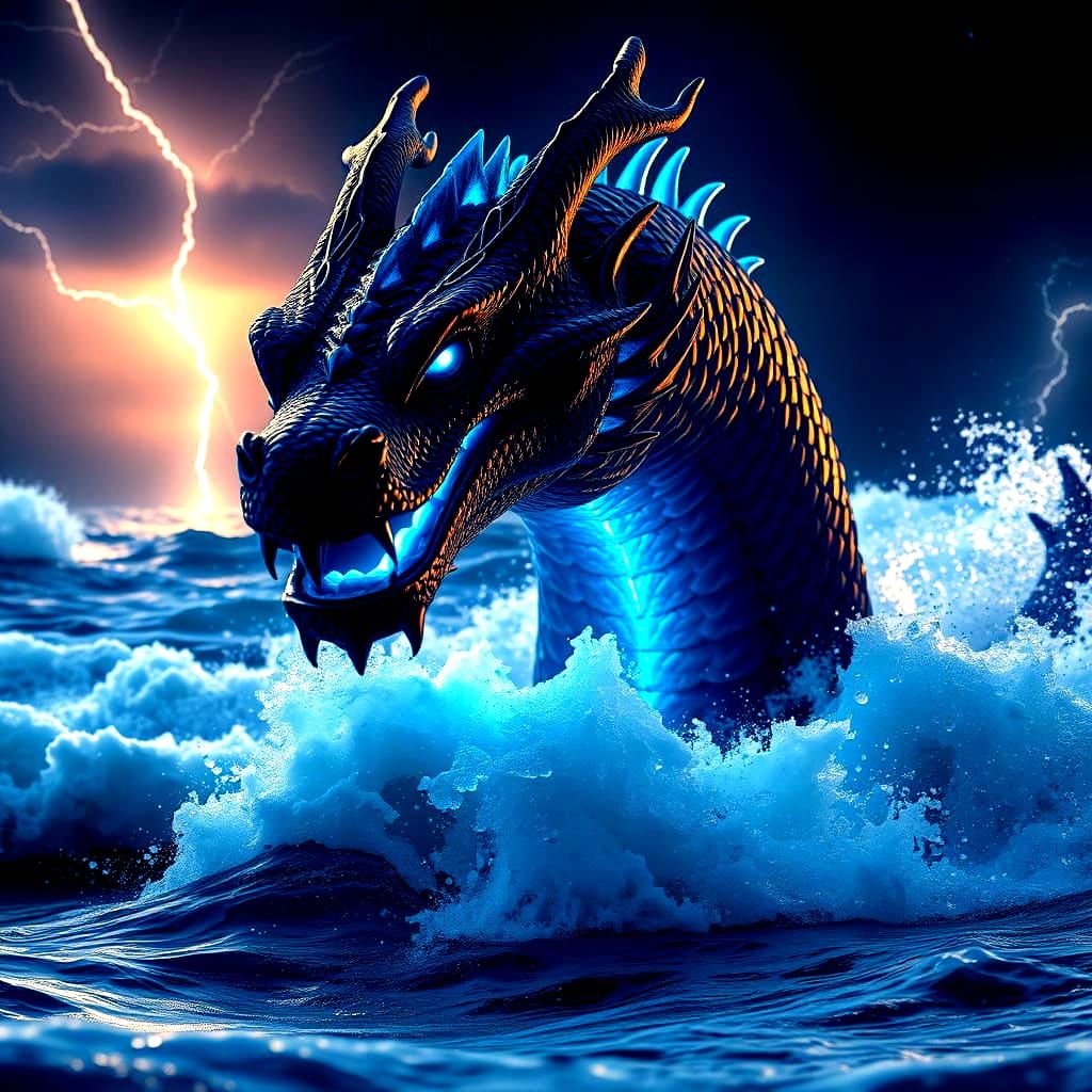 Indigo Water Dragon Erupts From Ocean at Night