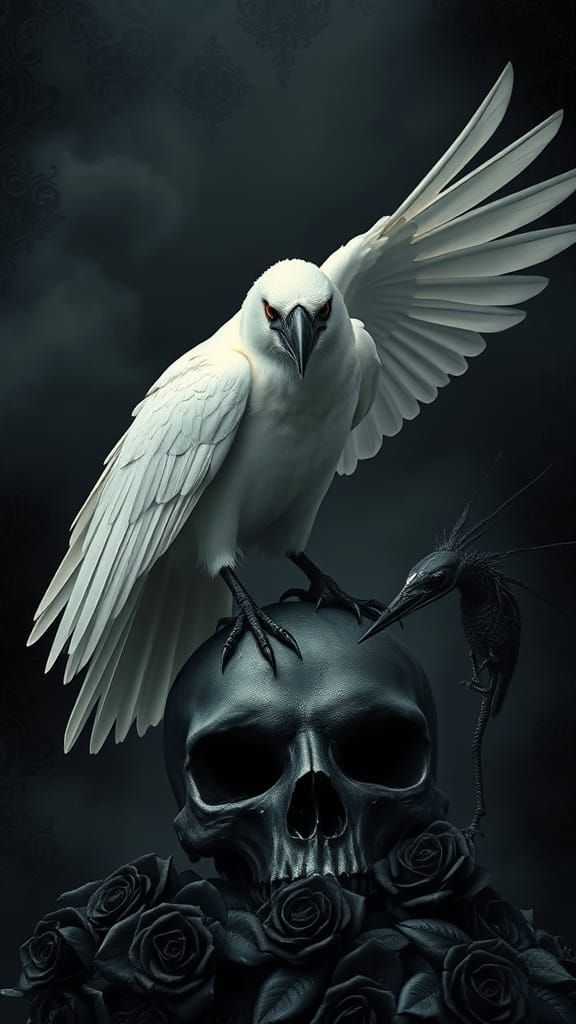 Surreal White Crow on Skull in Dark Fantasy Style