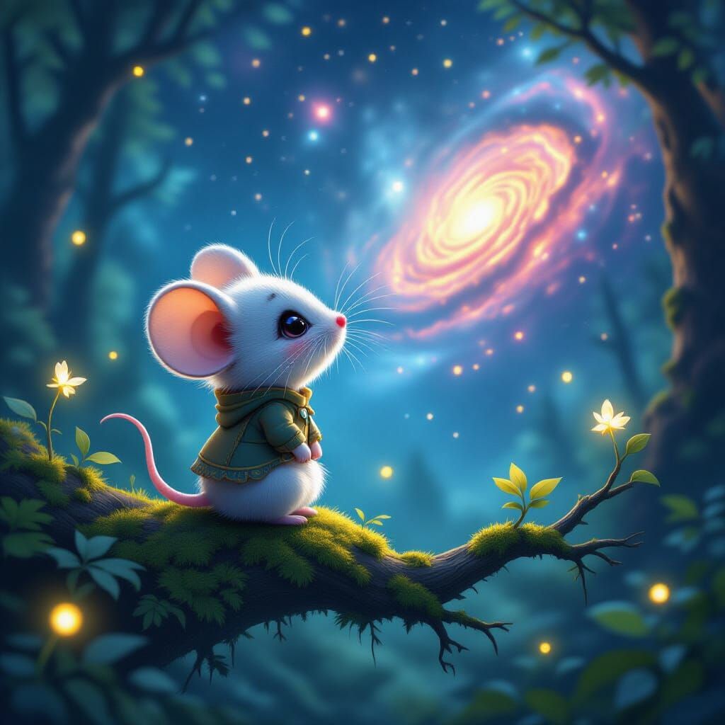 Bioluminescent Chibi Mouse Gazing at Nebula in Cosmic Forest