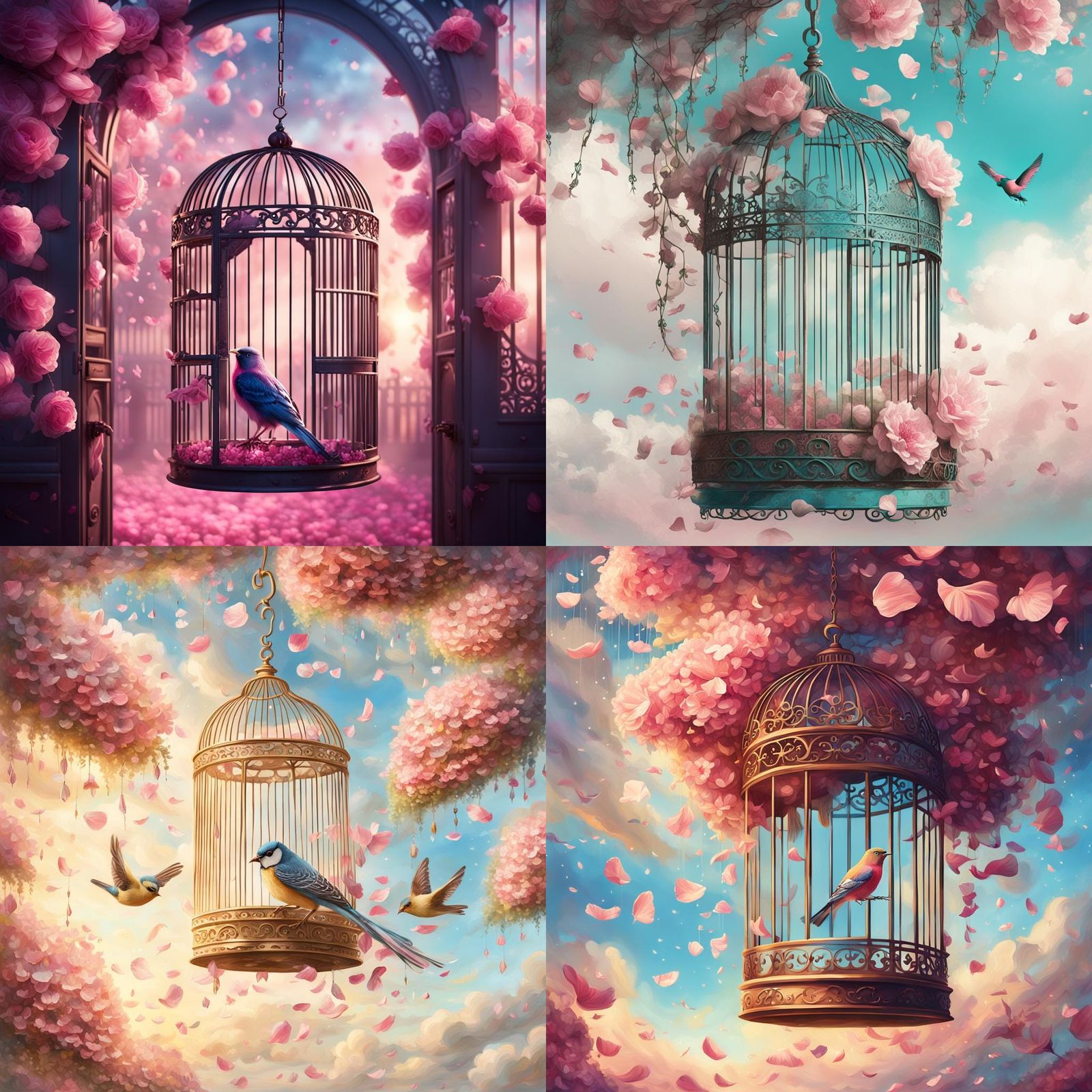 Whimsical Birdcage with Open Door and Flower Petals