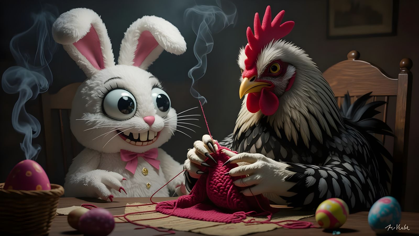 Surreal Pop Art of a Chicken Knitting an Easter Bunny