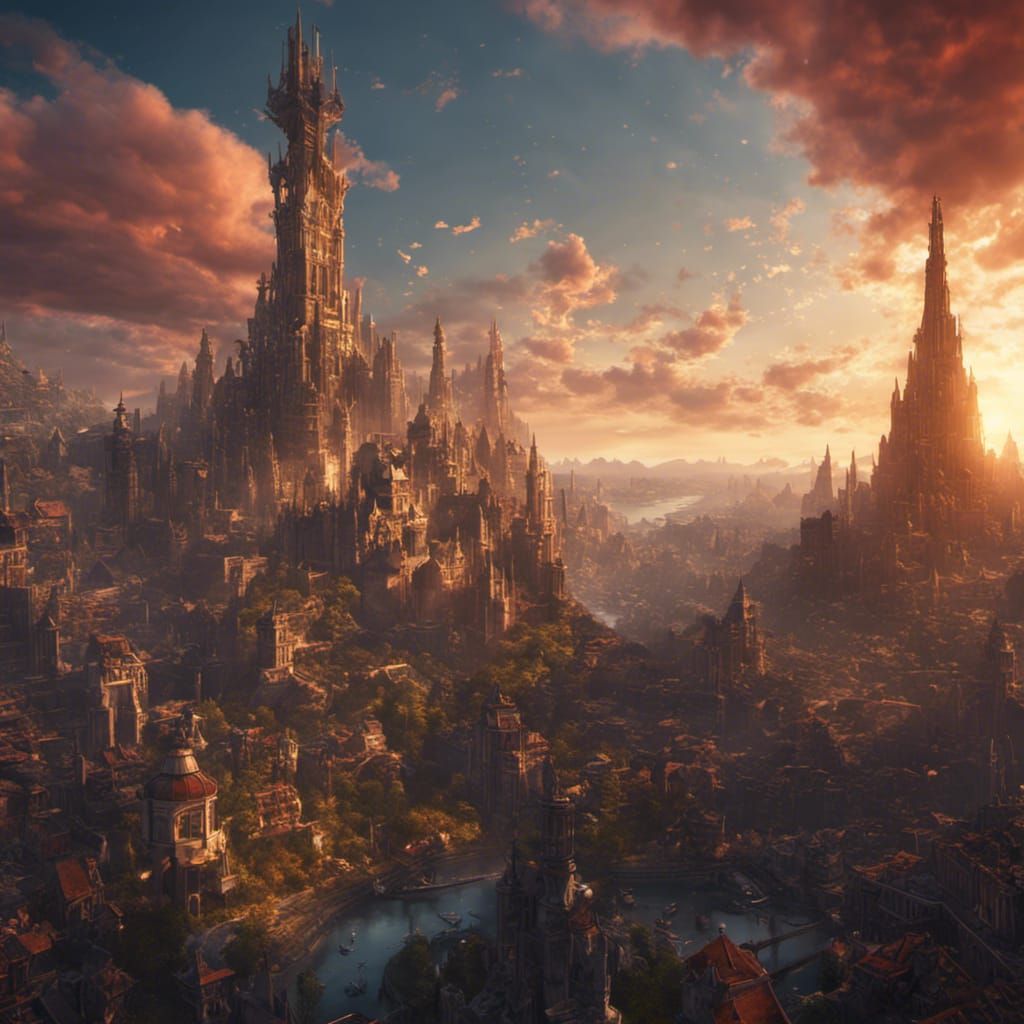 Hyperrealistic City in the Sky at Sunset