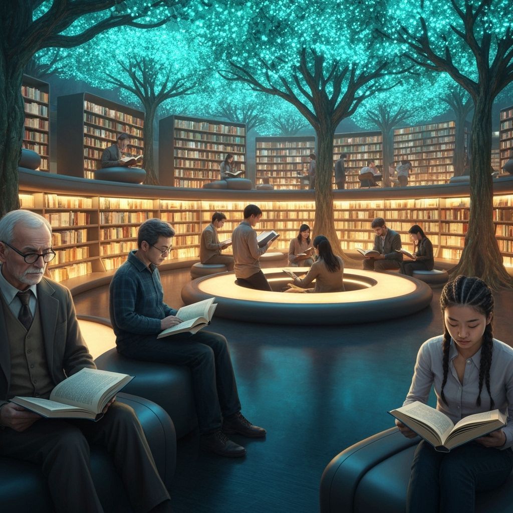 Mystical Library Scene Inspired by Romantic Futurism