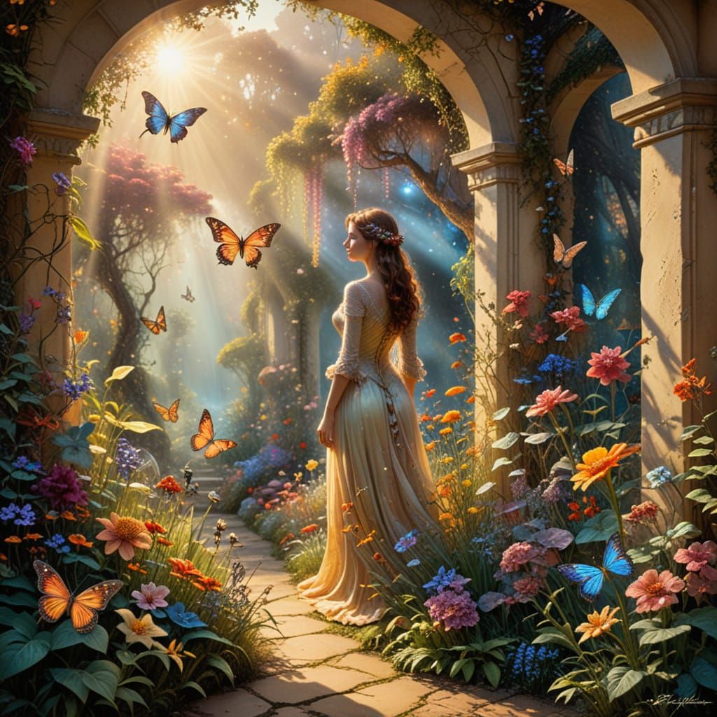 Ethereal Fantasy Garden Scene in Warm Expressionist Colors