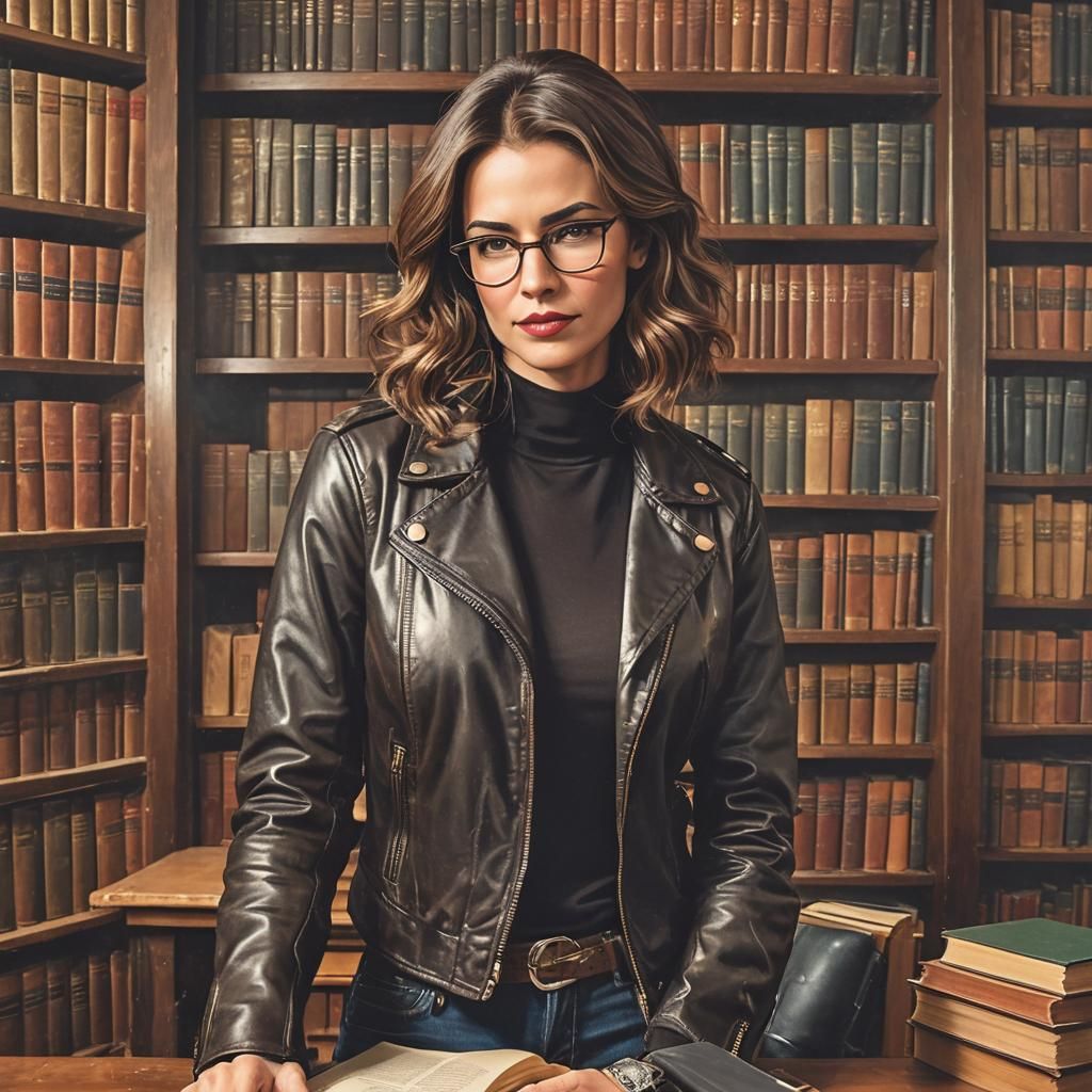 Confident Librarian in Leather Jacket