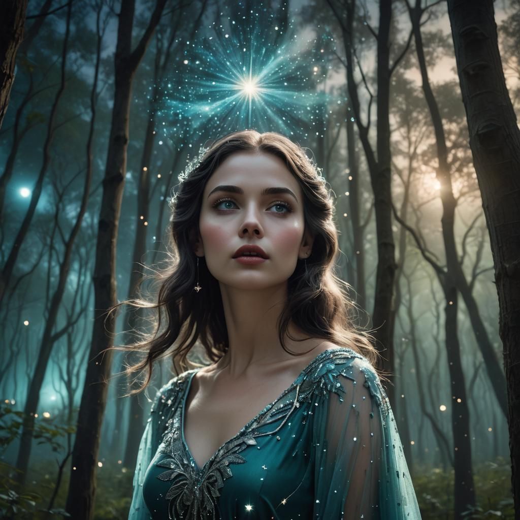 Serene Girl with Star Eyes in Forest, Matte Painting