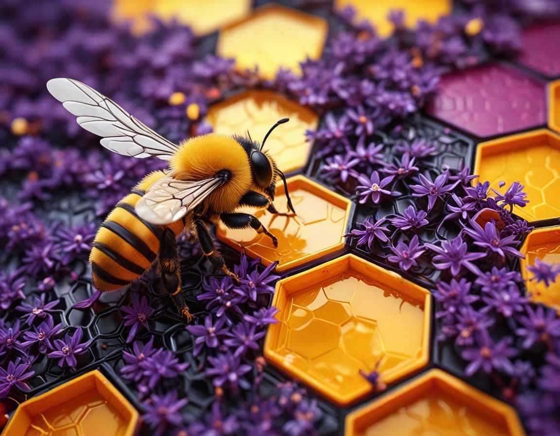 Vibrant Honeycomb Scene in Digital Illustration Style