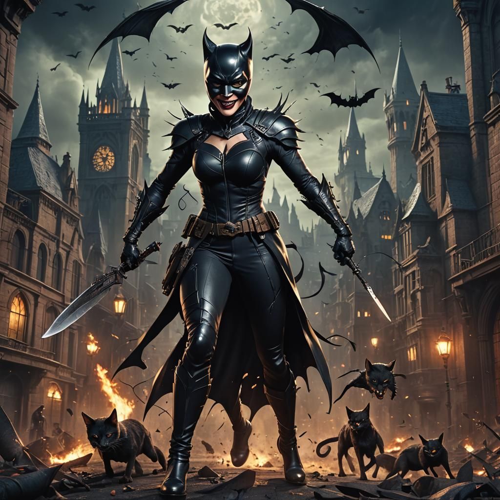 Gothic Catwoman: Fierce Bat Hunter with Evil Grin