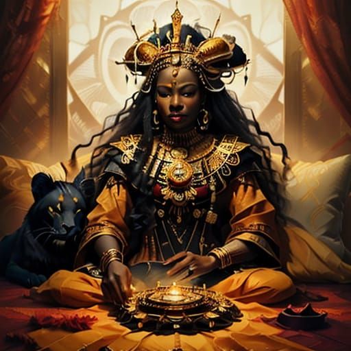 African Queen in Golden Splendor, Surrounded by Majestic Lio...