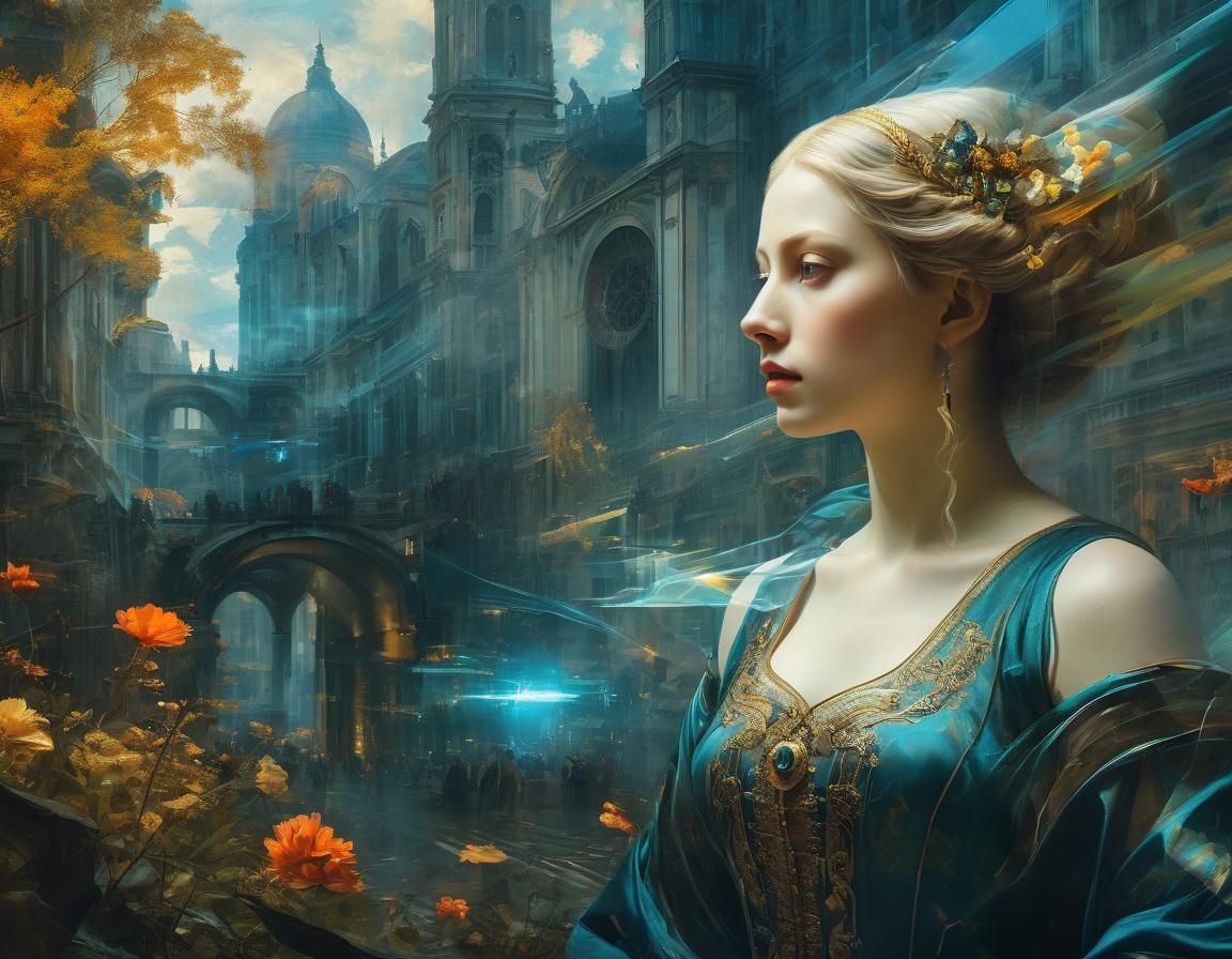 An artist from the Renaissance era is transported to a highly advanced future society, Double exposure, masterpiece, act...