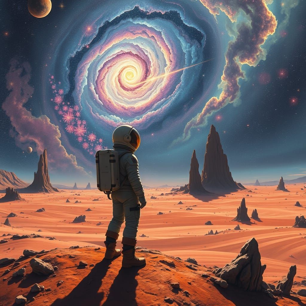 Astronaut Contemplates Cosmic Wonder in Space Opera Style