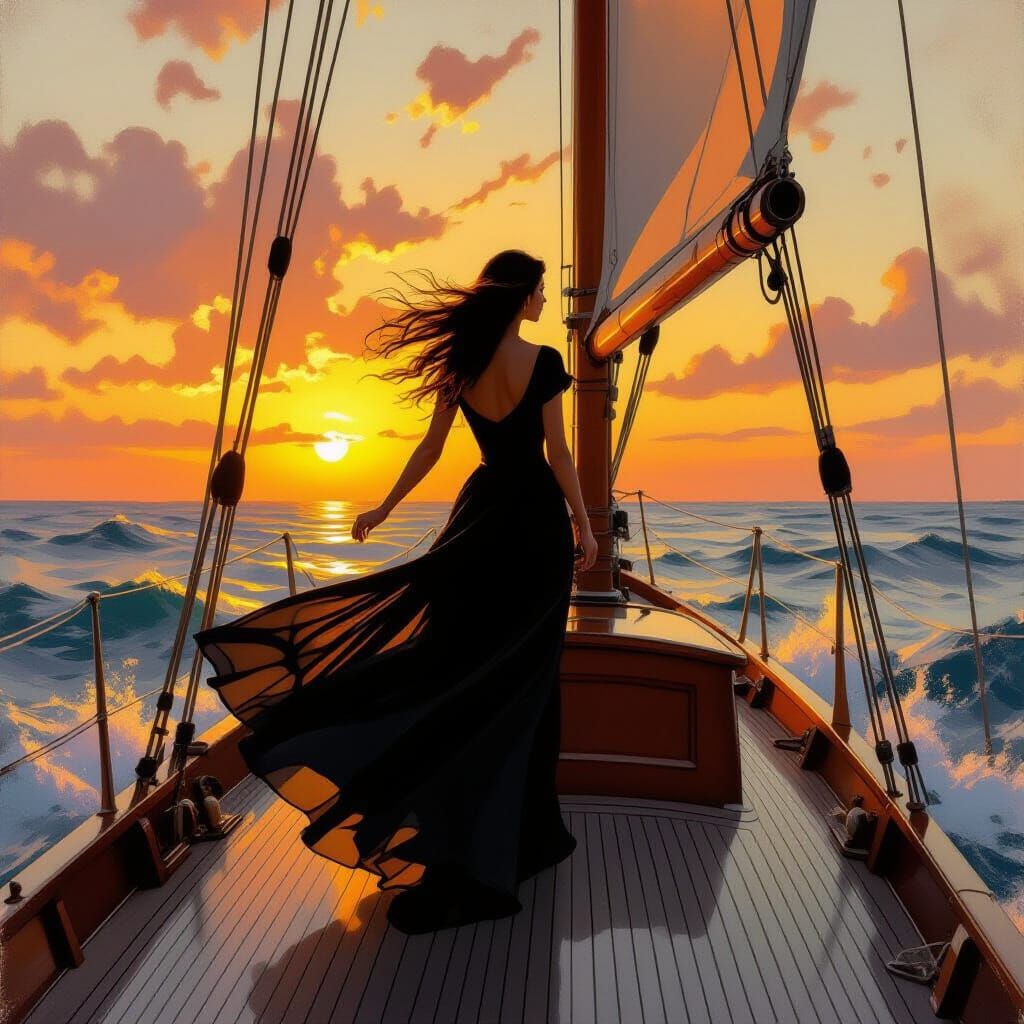 Woman Sailing into Sunset in Romantic Seascape Style