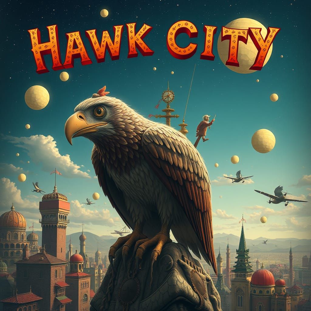 Whimsical Hawk City in Surreal Style