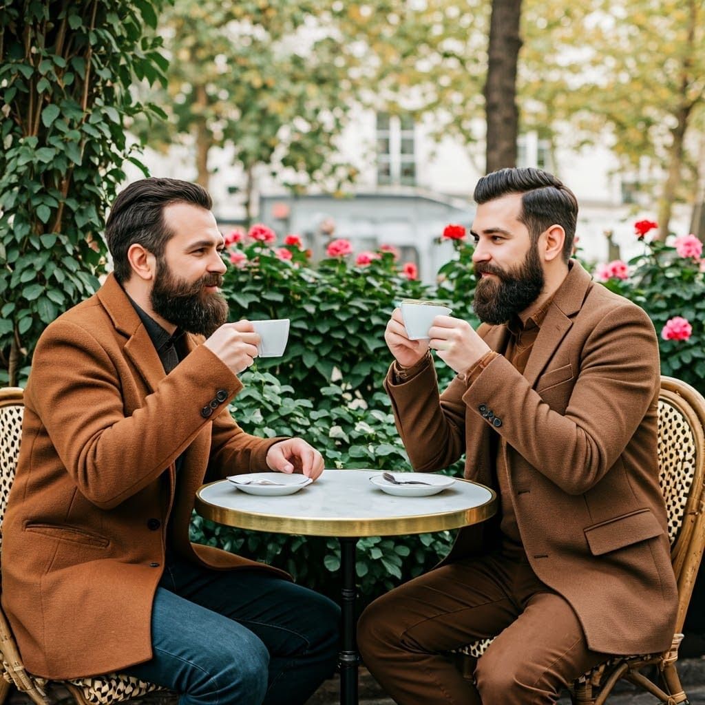 Two Bearded Men Enjoy Coffee in a Parisian Cafe