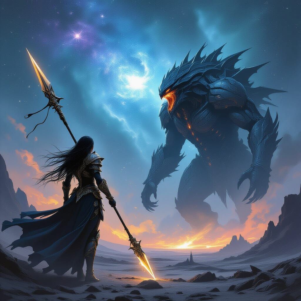 Valkyrie Battles Bio-Mechanical Leviathan in Cosmic Nebula