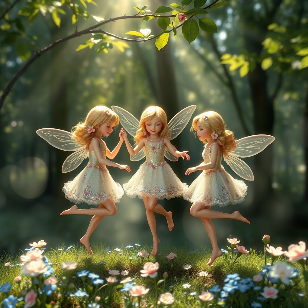Whimsical Fairie Sisters Dance in Enchanted Forest