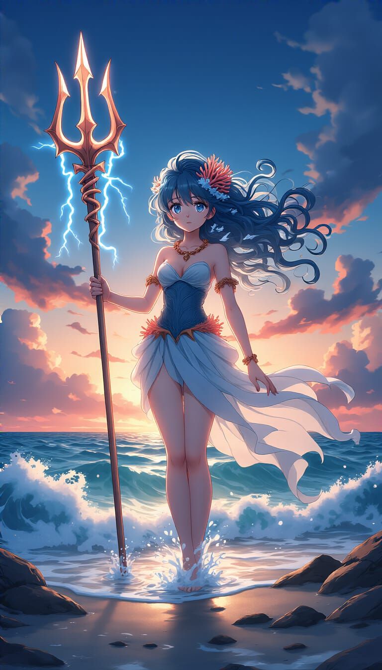 Anime Poseidon Girl on Rocky Shore
