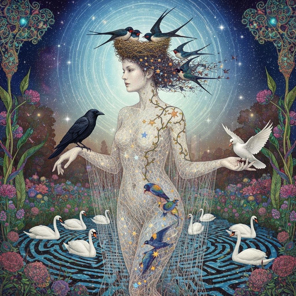 Ethereal Woman Dissolving into Birds Amidst Cosmic Energy