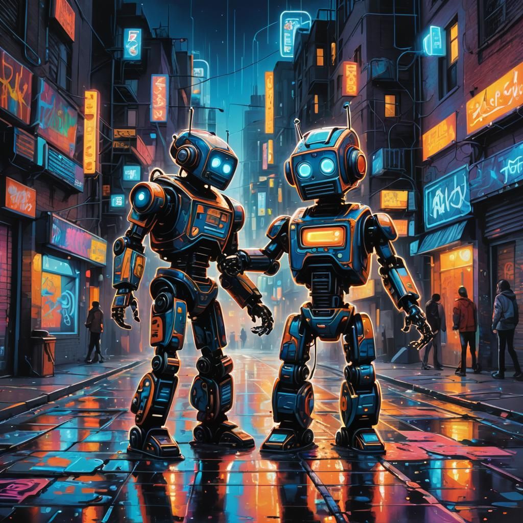 Neon Cityscape: Child and Robot in Futuristic Art
