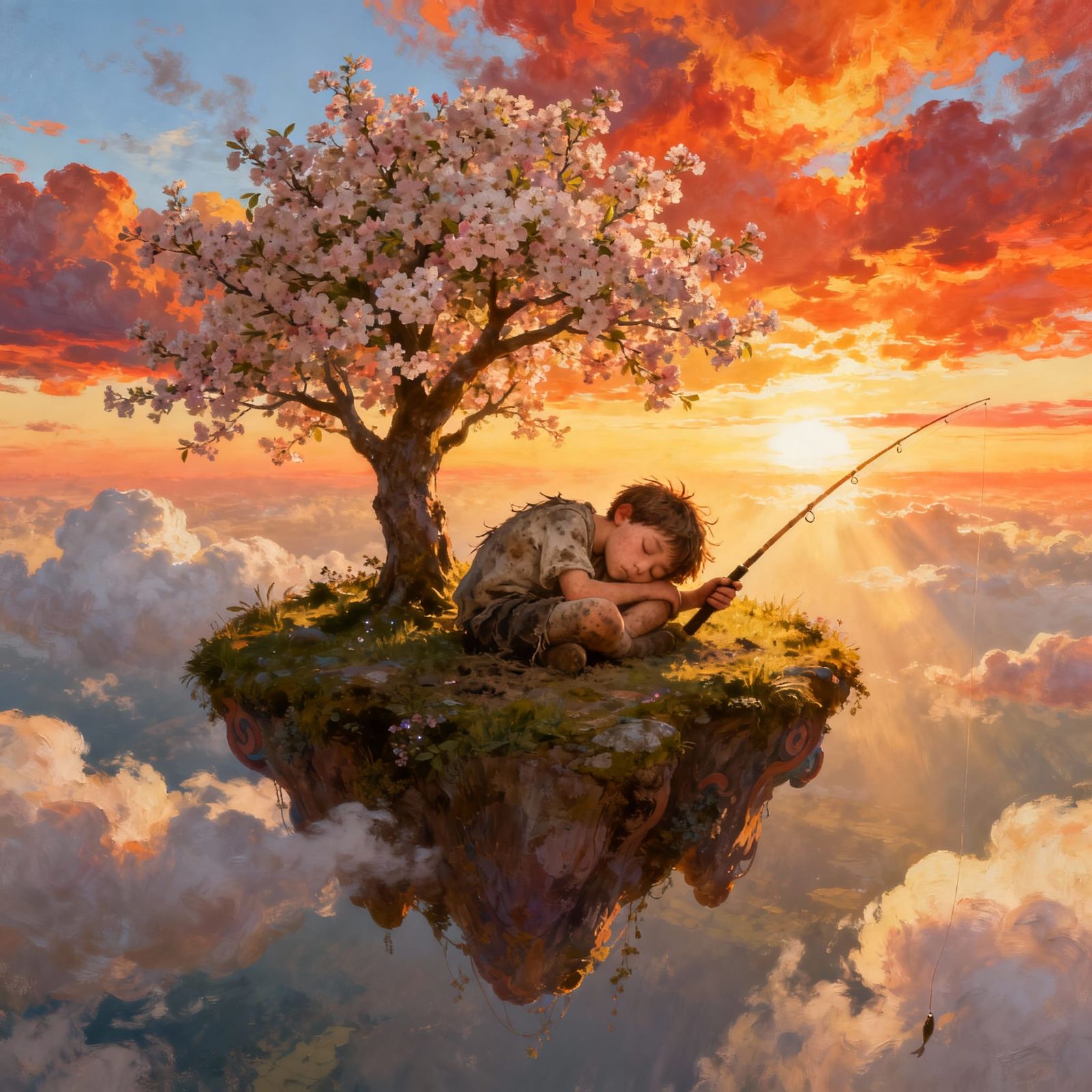 Boy Fishing on a Whimsical Island in Sunset Sky