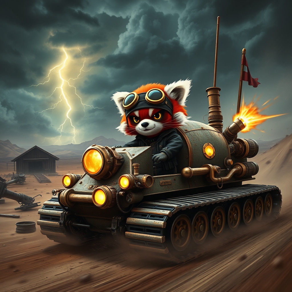 Steampunk Red Panda Tank Commander in Wasteland