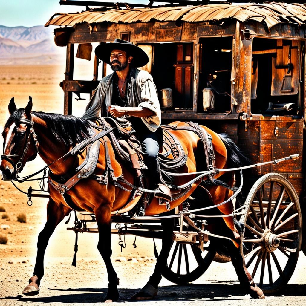 Bandit on Horseback in Desert Sunset