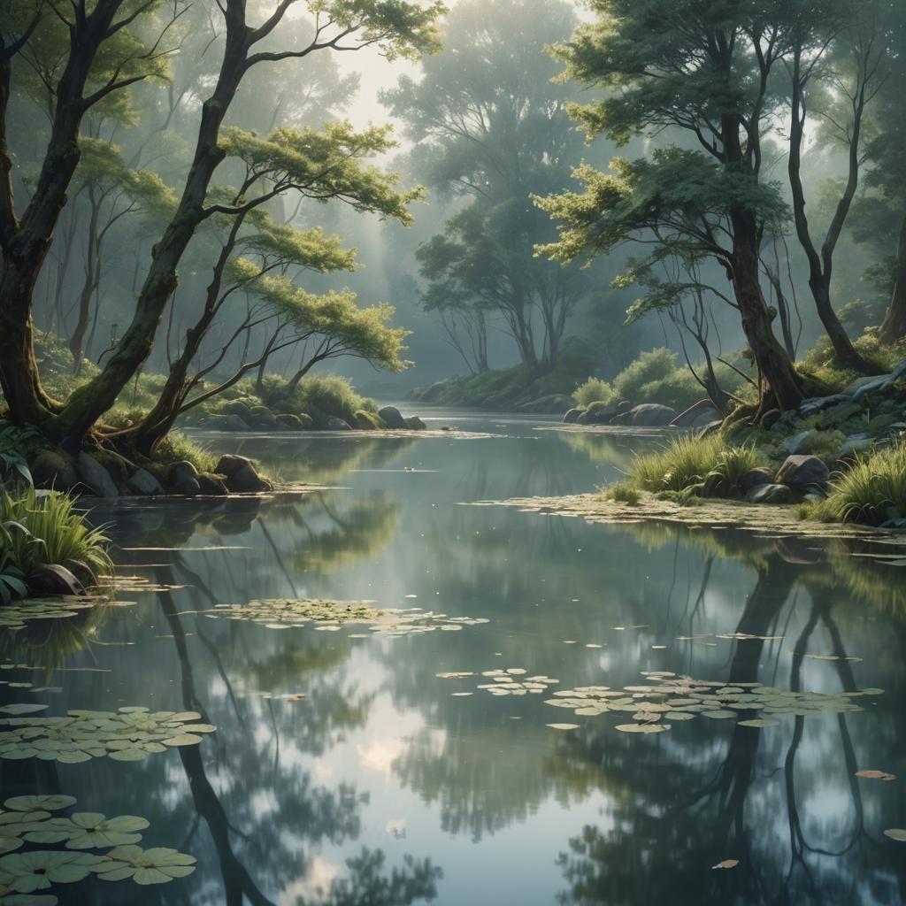 Serene Pond Reflecting Landscape: Fantasy Concept Art
