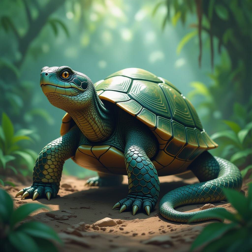 Mythical Half Turtle Half Snake Creature in Jungle