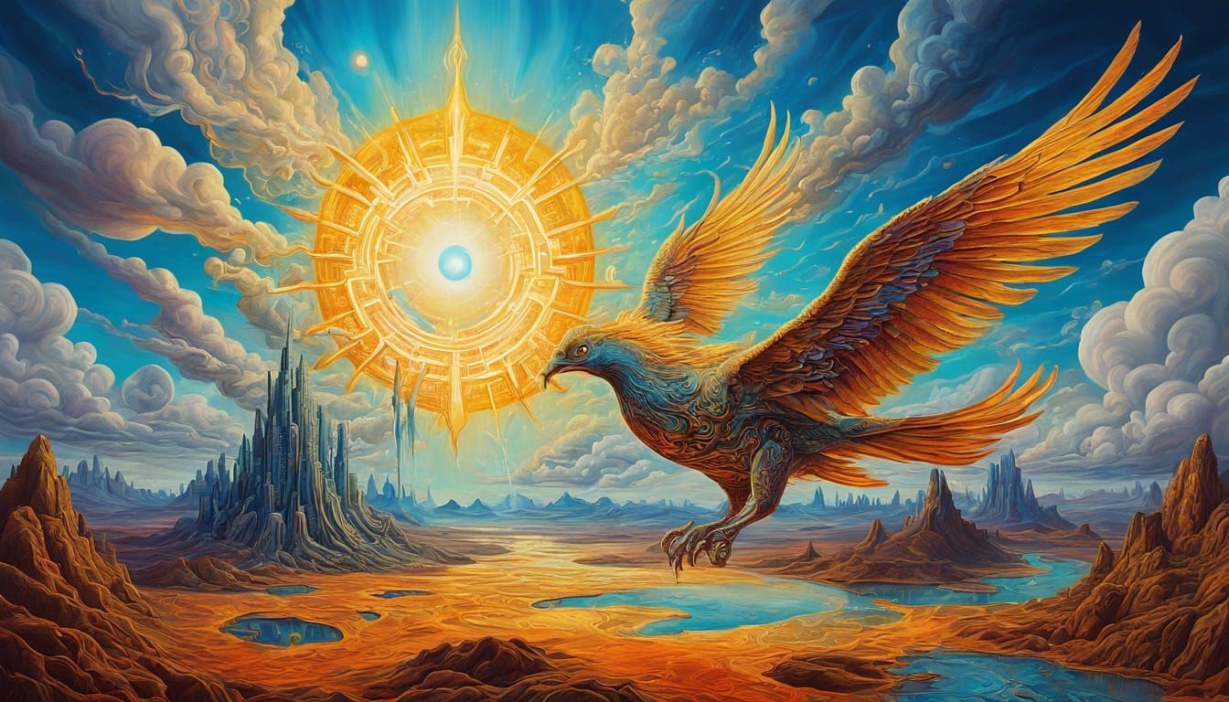 Phoenix Over Tech-Nature Landscape: Surreal Digital Art