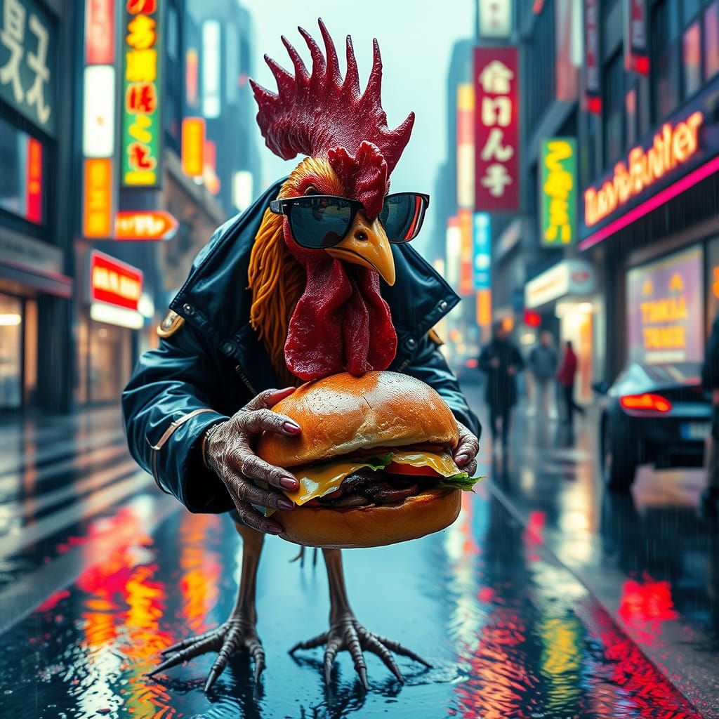 Futuristic Chicken Devours Beef Burger in Cyberpunk Dystopia