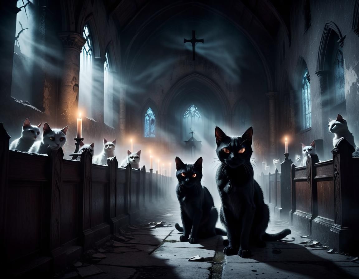 Ghost Cats in Gothic Horror Church