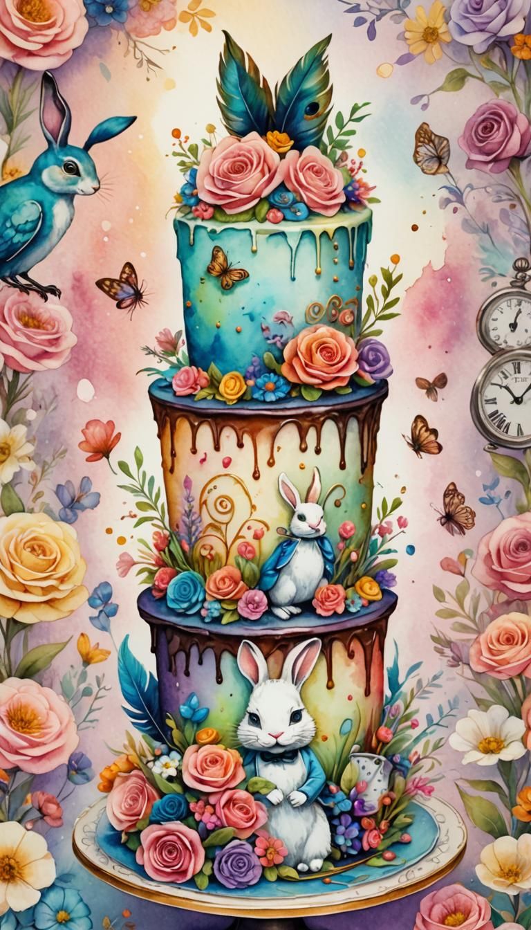 Whimsical Alice in Wonderland Cake Illustration