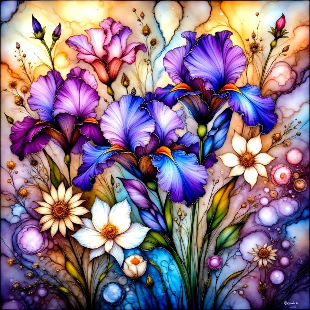Vibrant Purple and Blue Iris in a Whimsical Garden