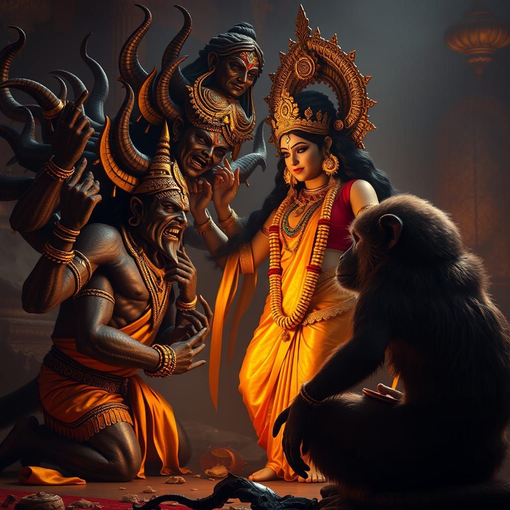 Goddess Seetha Honored by the Ten-Headed Demon King Ravana