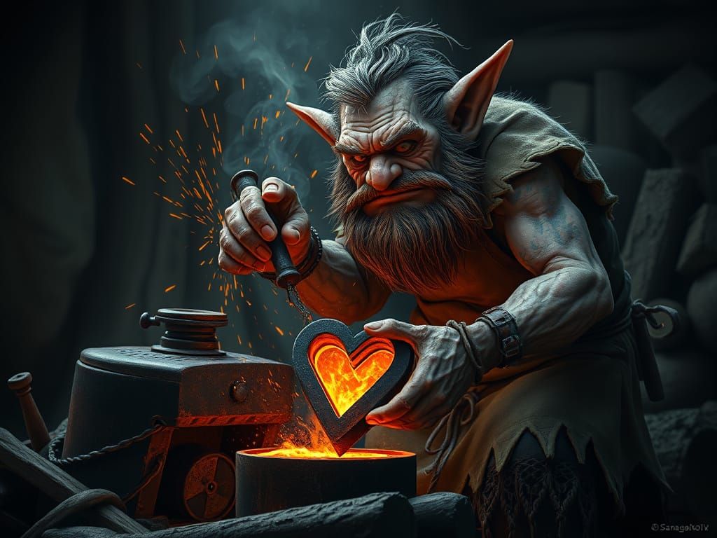 Troll Smith Forging Heart with Fiery Glow