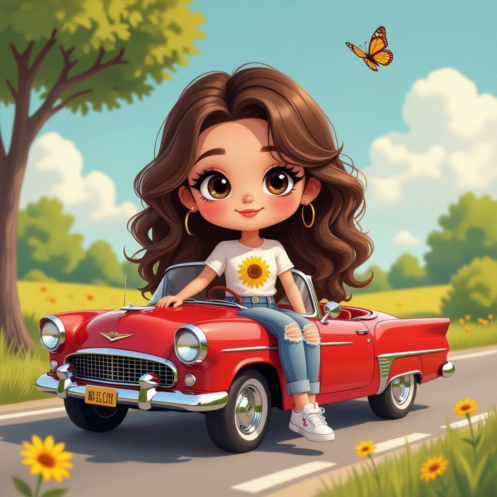 Niña chibi con cabello largo rizado