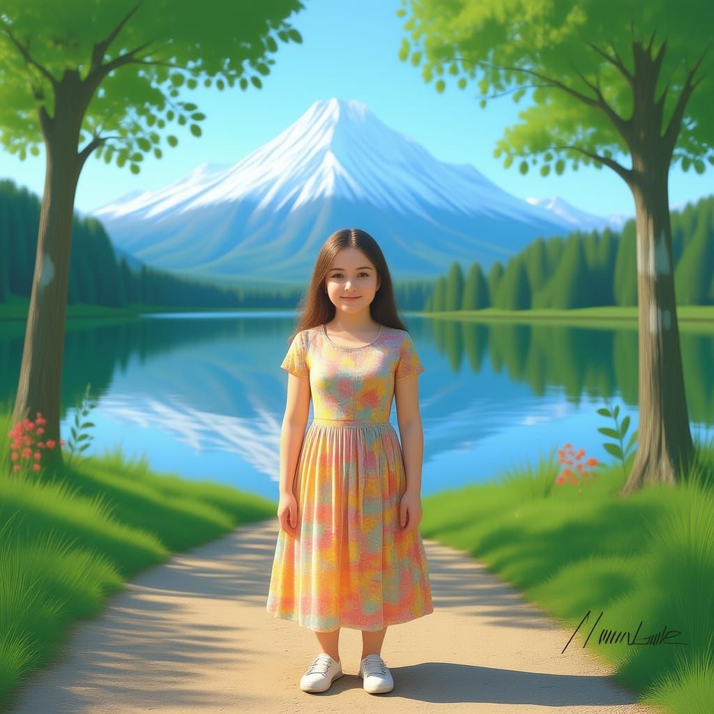 Girl by Blue Lake in Epic Impressionist Gouache Style