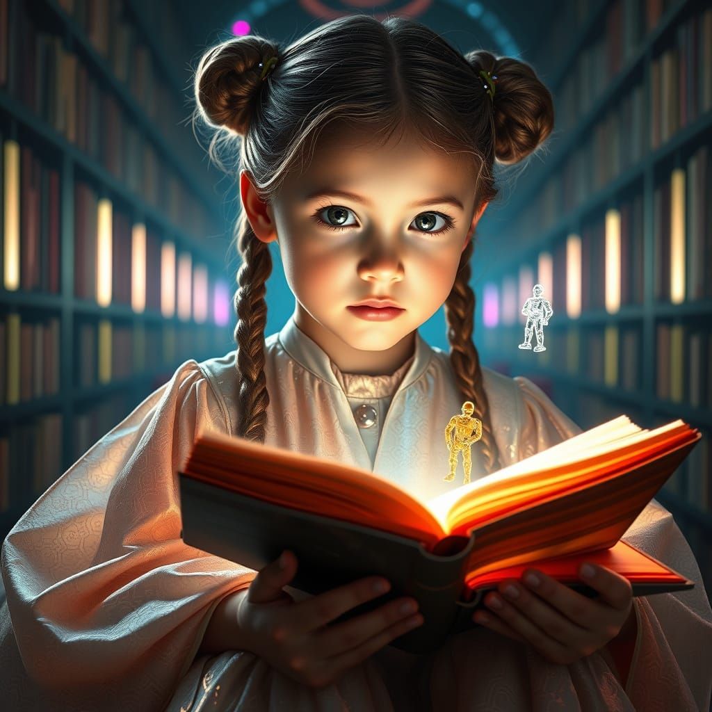 Cyberpunk Princess Leia in Enchanted Futuristic Library