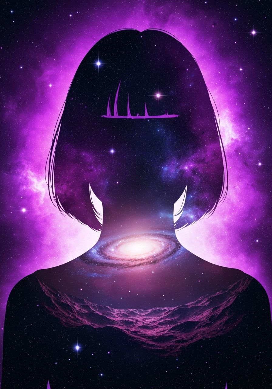 Cosmic Double Exposure Portrait of Woman with Purple Hair