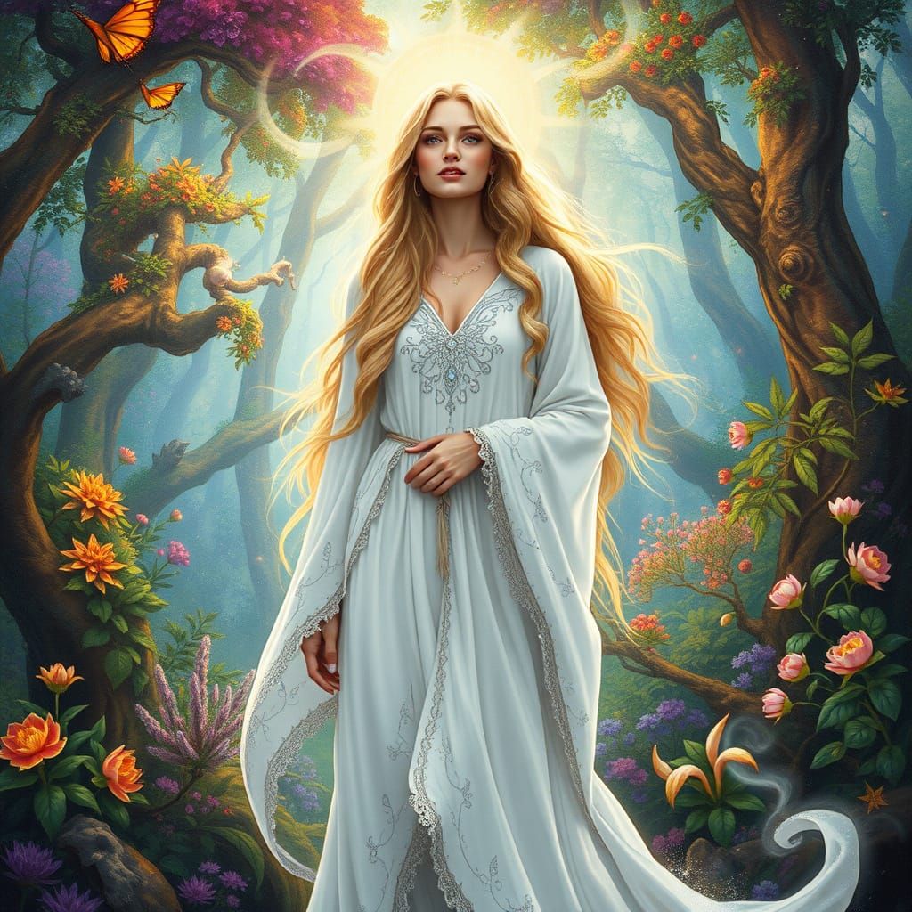Enchanted Pleiadian Goddess Radiates Joy in Whimsical Forest