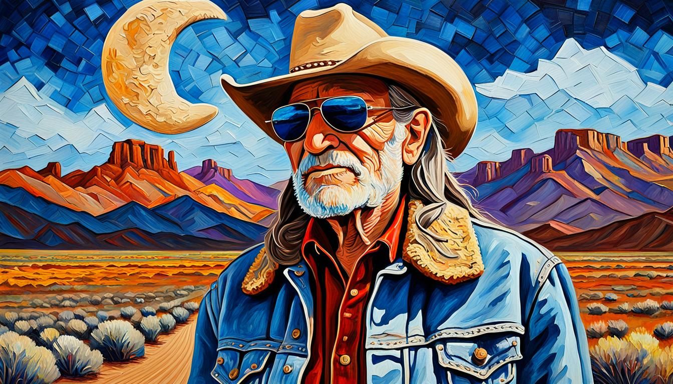 Willie Nelson Portrait on Desert Highway in Pop Art Style