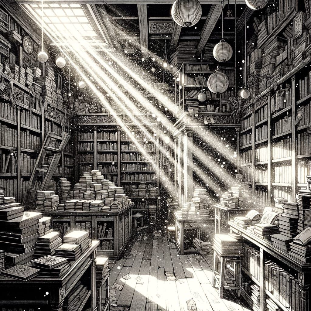 Cozy Manga Style Bookstore with Sunbeams and Dust Motes