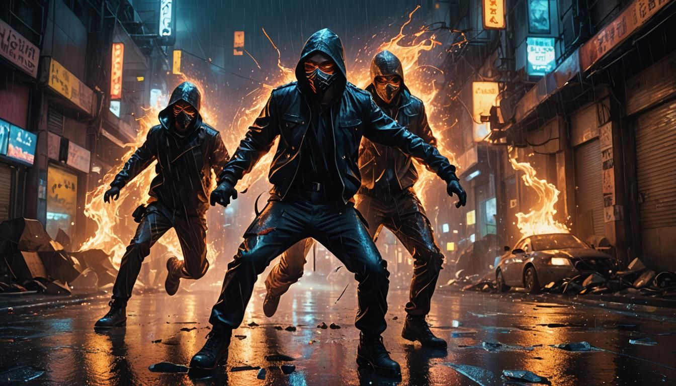 Dynamic Clash in Neon City: Dark Comic Art